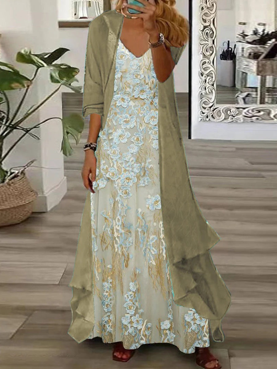 Robe longue deux pièces à manches longues et col en V pour femme, imprimée de fleurs