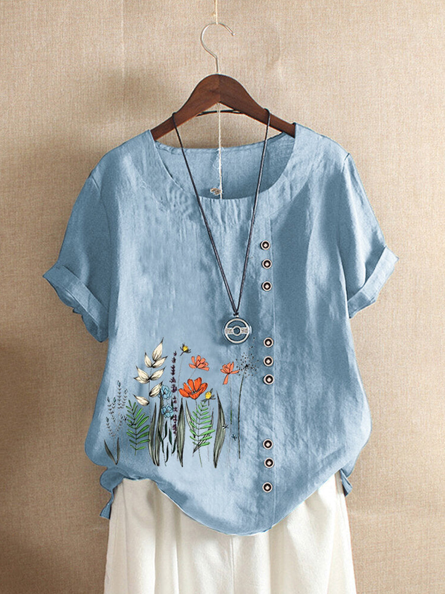 Floral Print Round Neck Short Sleeve T-shirt