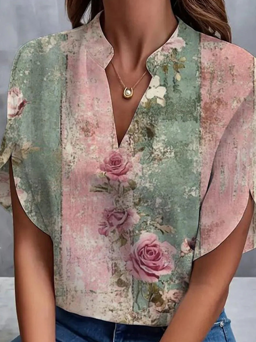 Haut à manches courtes et col en V à imprimé floral rose