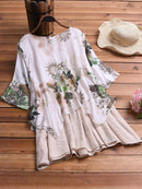 Vintage Patchwork Print Fake Two-Piece Half Sleeve Plus Size Blouse