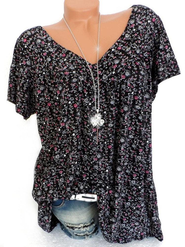 Print Floral Short Sleeve V-neck Blouse
