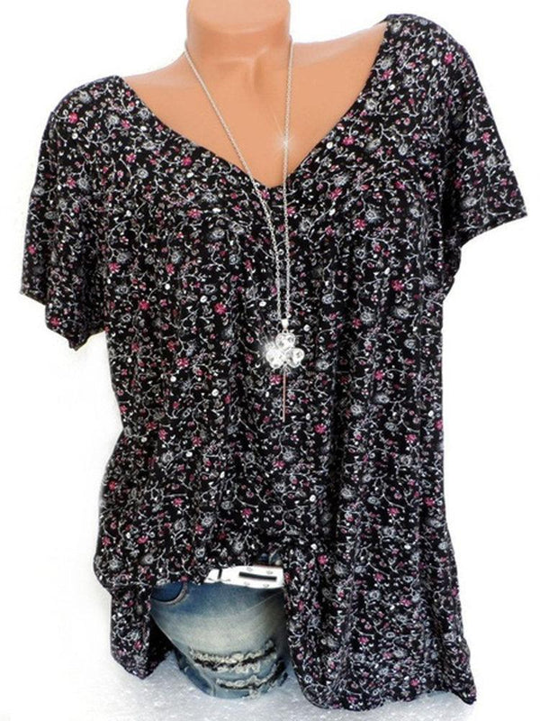 Print Floral Short Sleeve V-neck Blouse