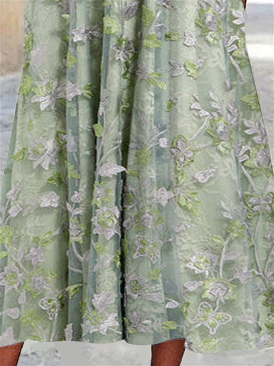 Robe midi à manches courtes et col carré pour femme, imprimée de fleurs et ornée de dentelle.