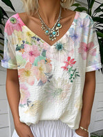 Lässiges Kurzarm-T-Shirt mit Blumenmuster, V-Ausschnitt