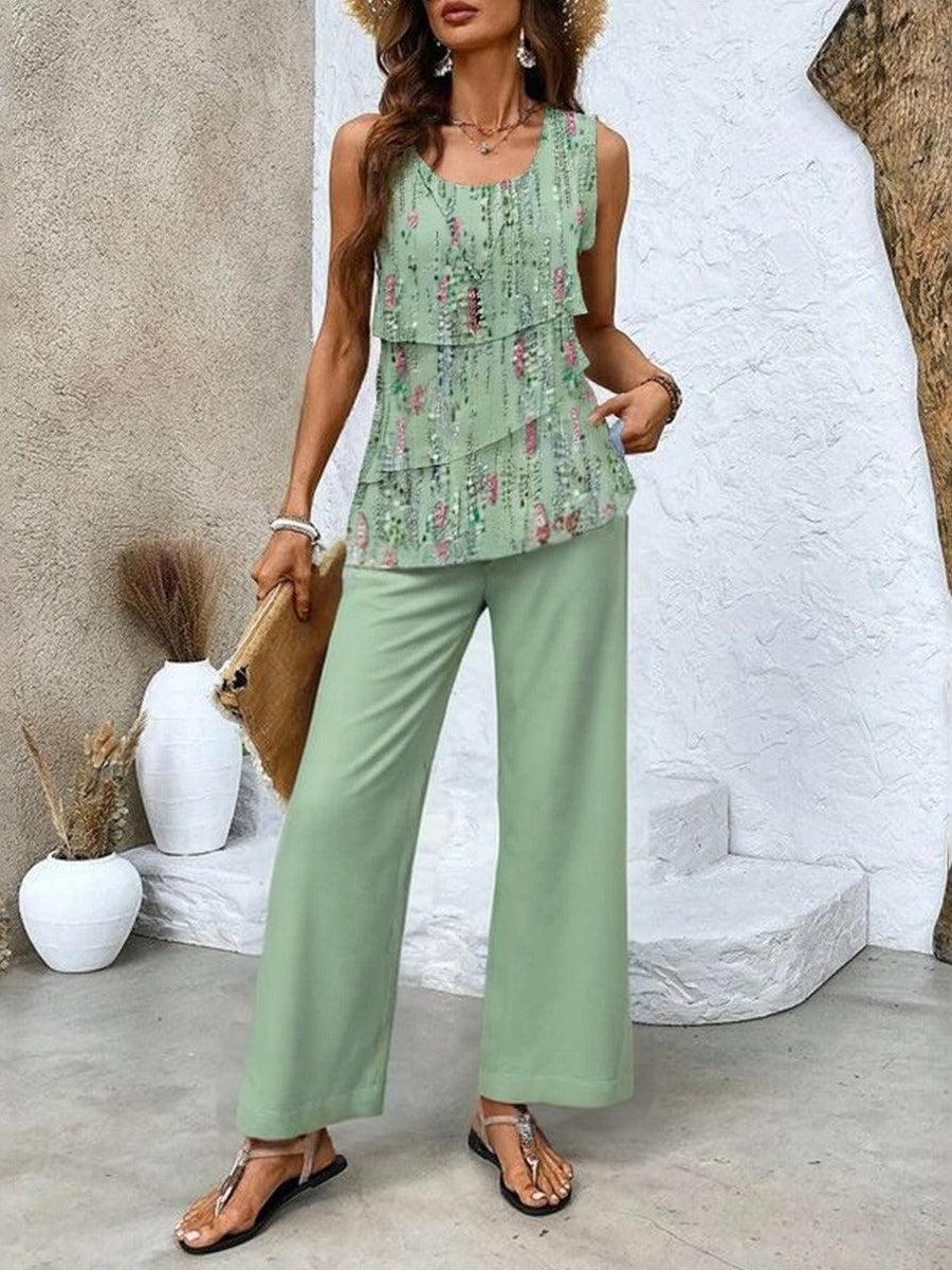 Green Sleeveless Two Piece Set