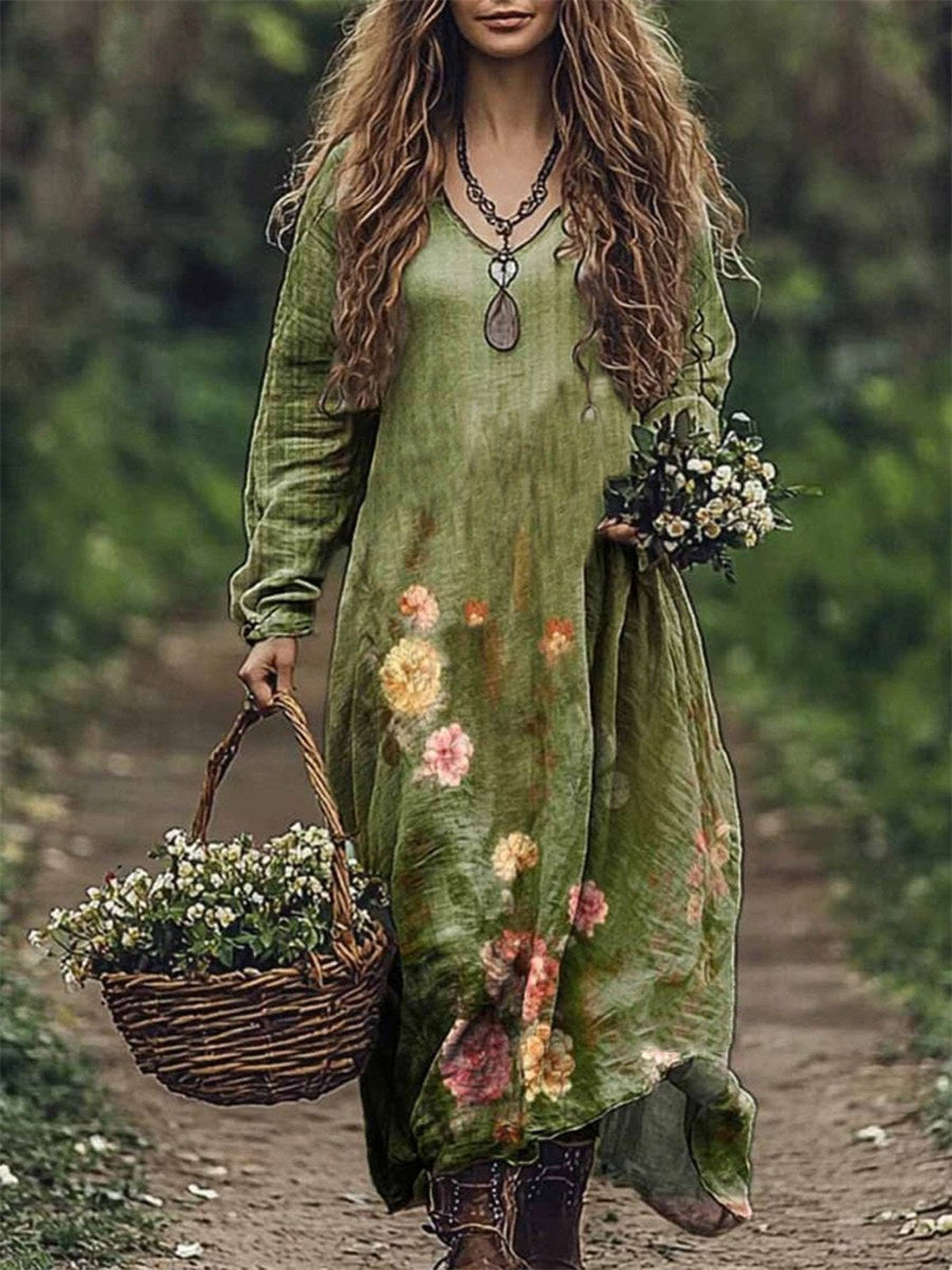 Floral Printed V Neck Long Sleeve Daily Casual Maxi Dress