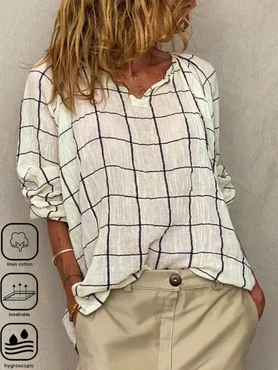 Chemise décontractée à carreaux à manches longues et col en V ample