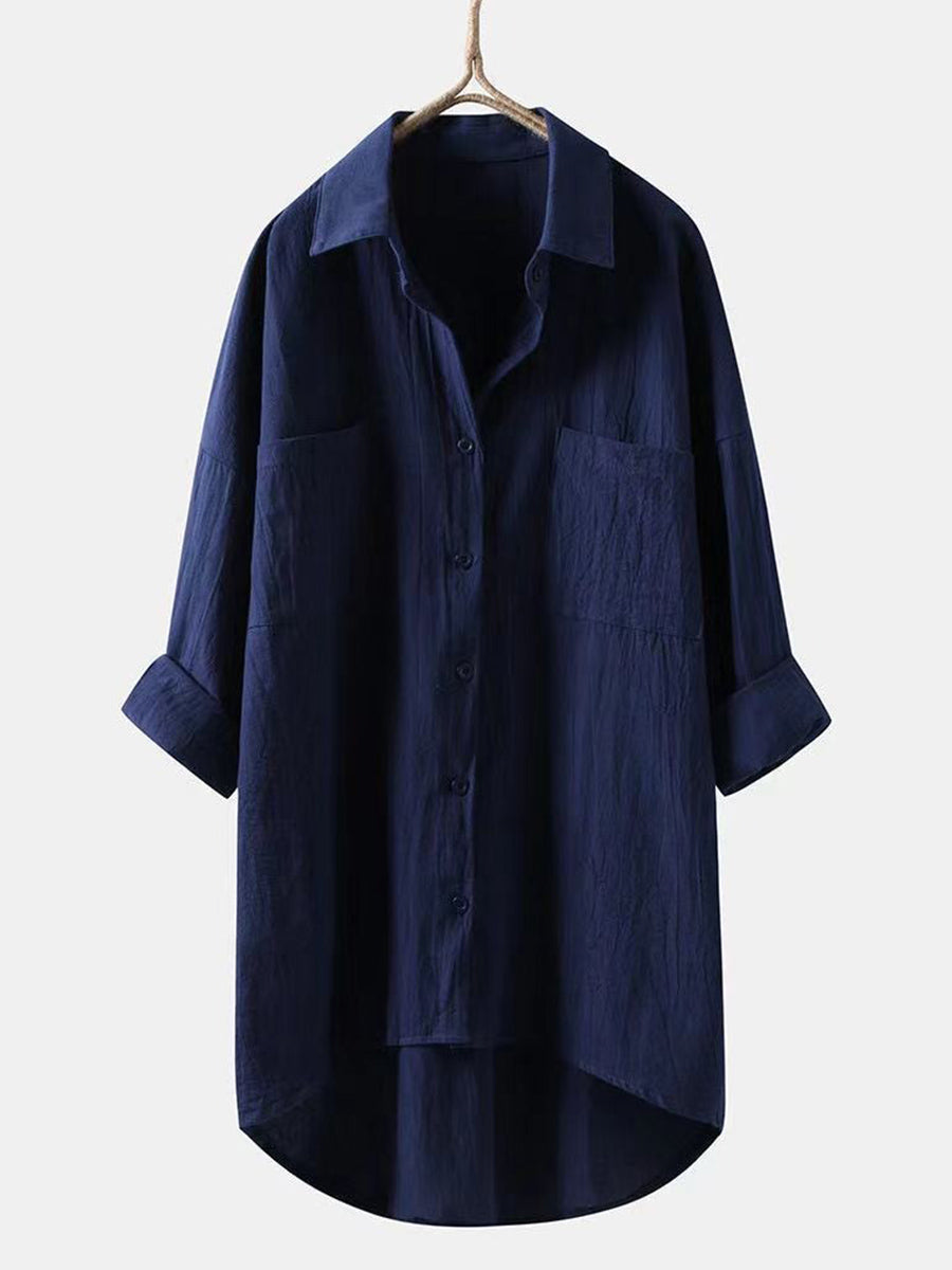 Haut ample à col en V en coton et lin uni