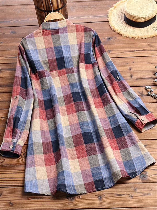 Vintage Print Plaid Multicolor Long Sleeve Button Blouse