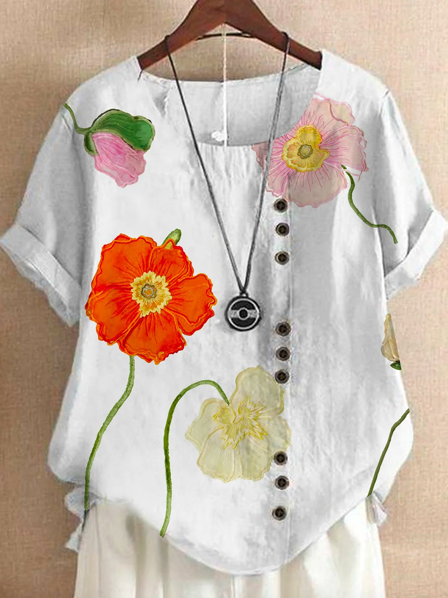 Cotton Linen Floral Daily Print Button Shirt