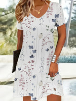 Robe courte à manches courtes et col en V à imprimé végétal tendance