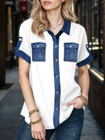 Lässige Patchwork-Bluse mit Reverskragen und kurzen Ärmeln