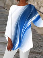 Blaue, lässige Bluse mit Rundhalsausschnitt, Print und langen Ärmeln