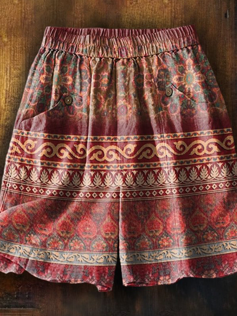 Short décontracté à poches imprimé floral bohème pour femme