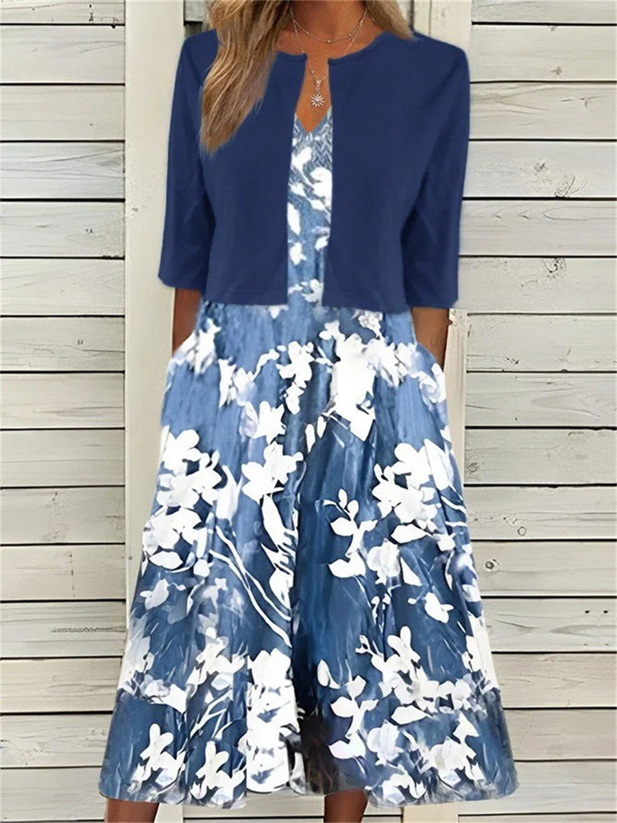 Floral Printed Crew Neck Half Sleeve Casual Two Piece Midi Dress