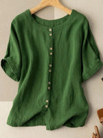 Green Solid Buttons Short Sleeve Blouse