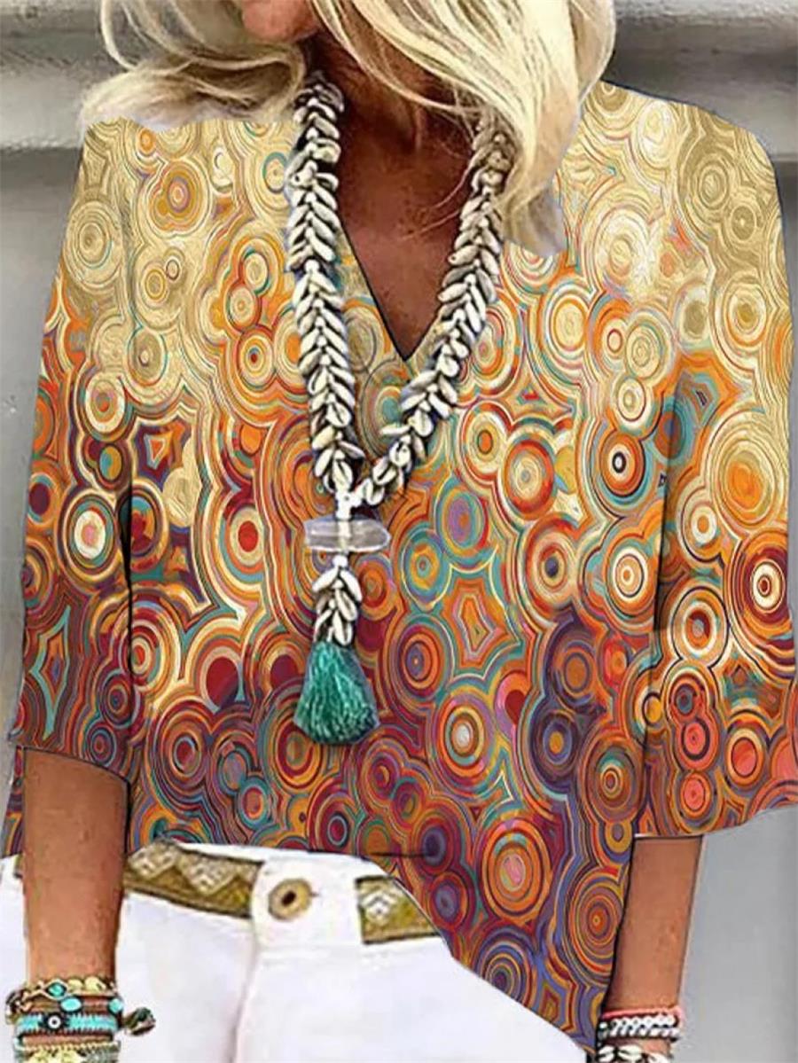 Chemisier jaune décontracté à col en V imprimé et manches 3/4