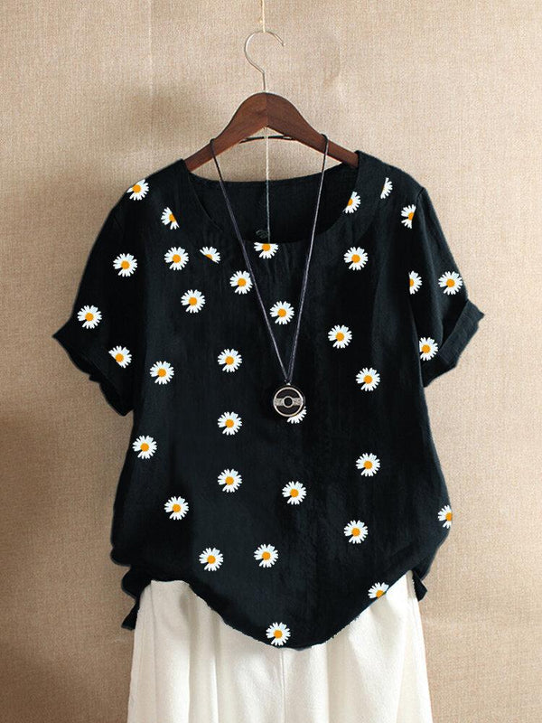 Daisy Floral Print Short Sleeve O-neck Blouse