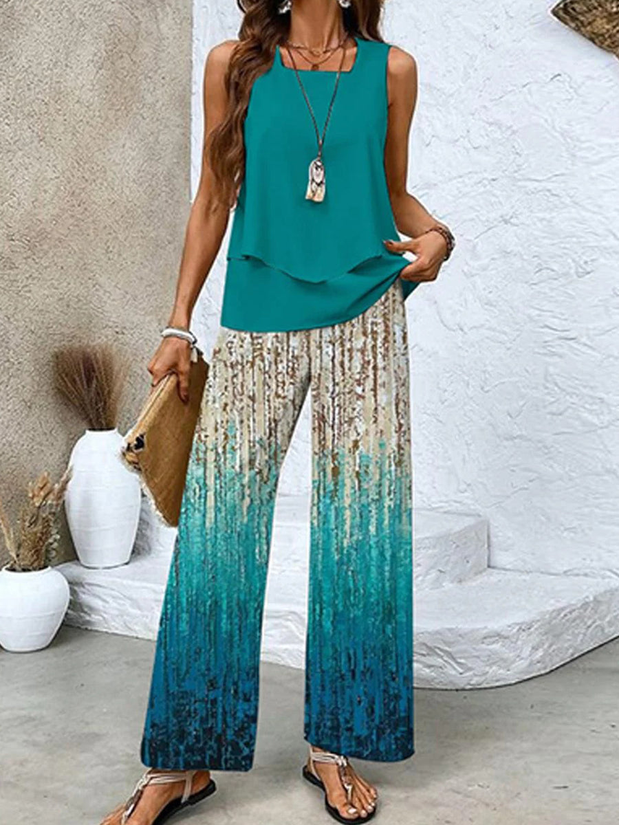 Ärmelloses zweiteiliges Set in Blau mit eckigem Ausschnitt