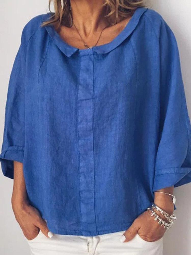 Lapel Solid Color Loose Three Quarter Sleeve Casual Blouse