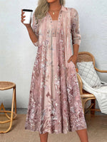 Robe midi à manches longues et col rond pour femme, imprimée de fleurs graphiques