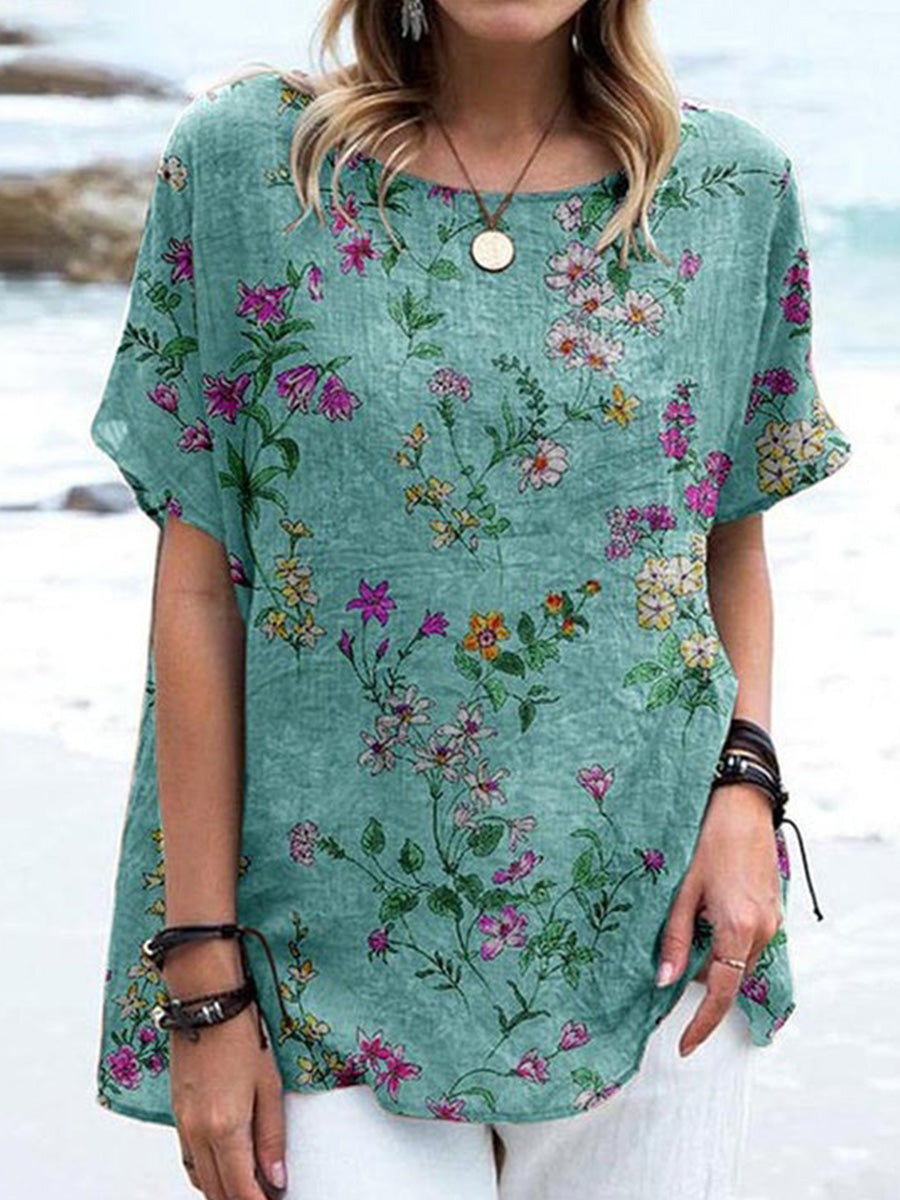 Green Summer Floral Round Neck T-Shirt