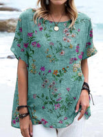 Green Summer Floral Round Neck T-Shirt
