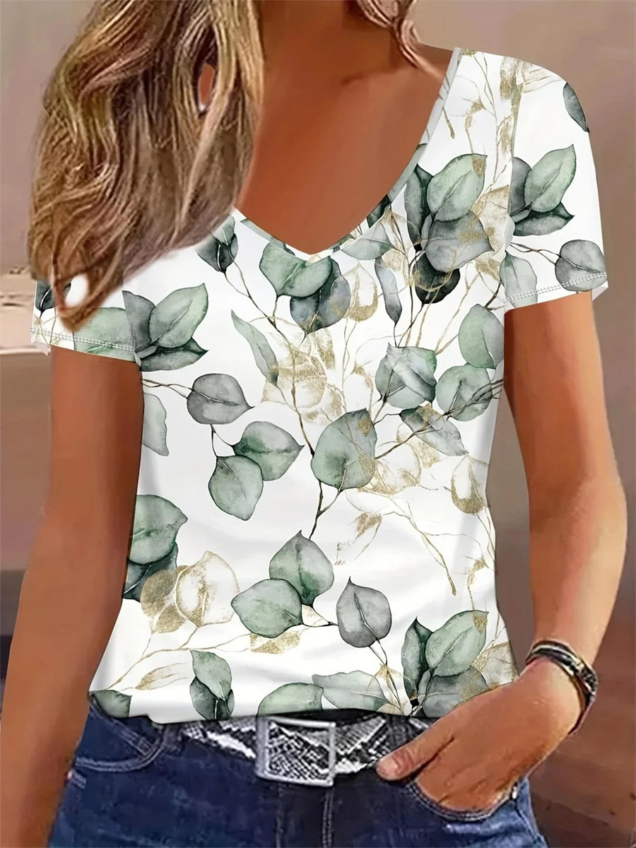 T-shirt à manches courtes et col en V pour femme, imprimé floral