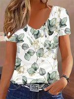 T-shirt à manches courtes et col en V pour femme, imprimé floral