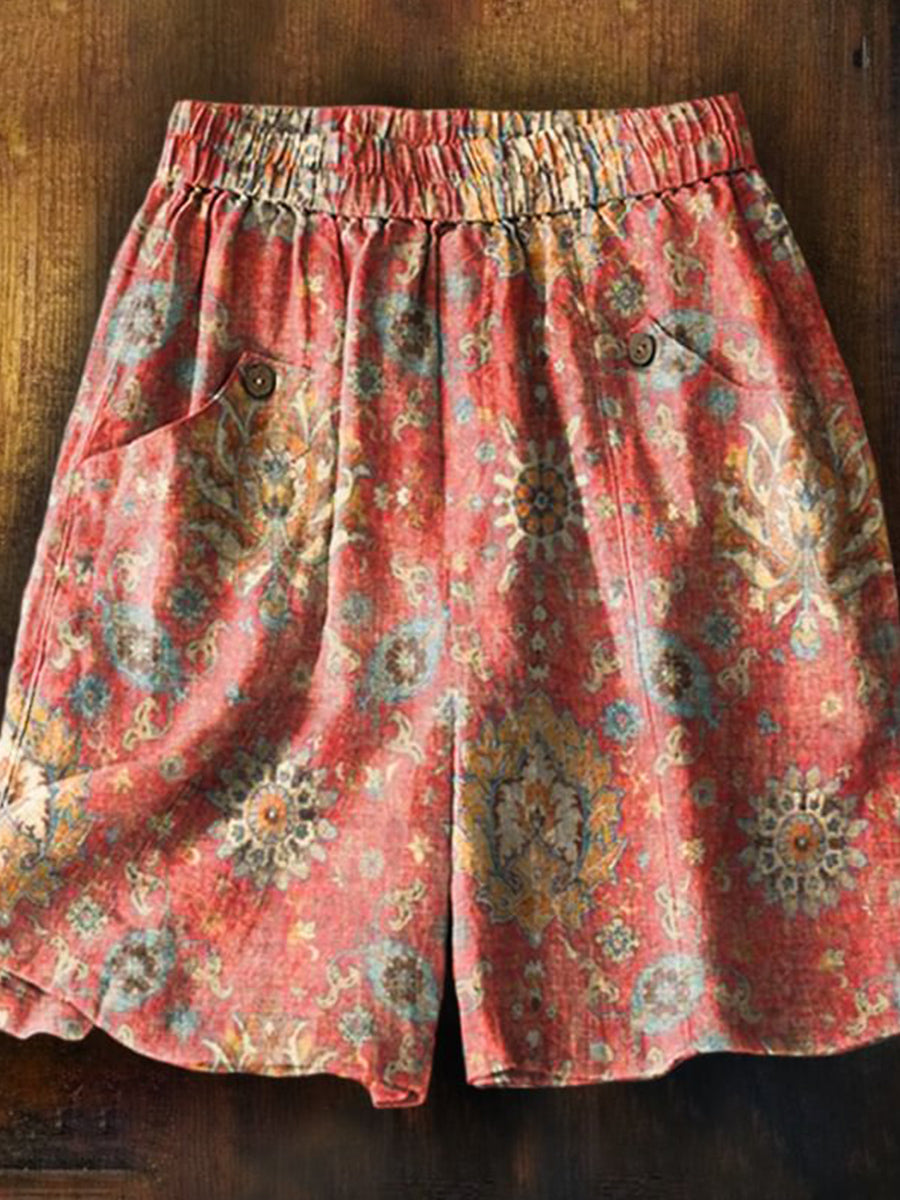 Short décontracté à poches imprimé totem ethnique rétro pour femme