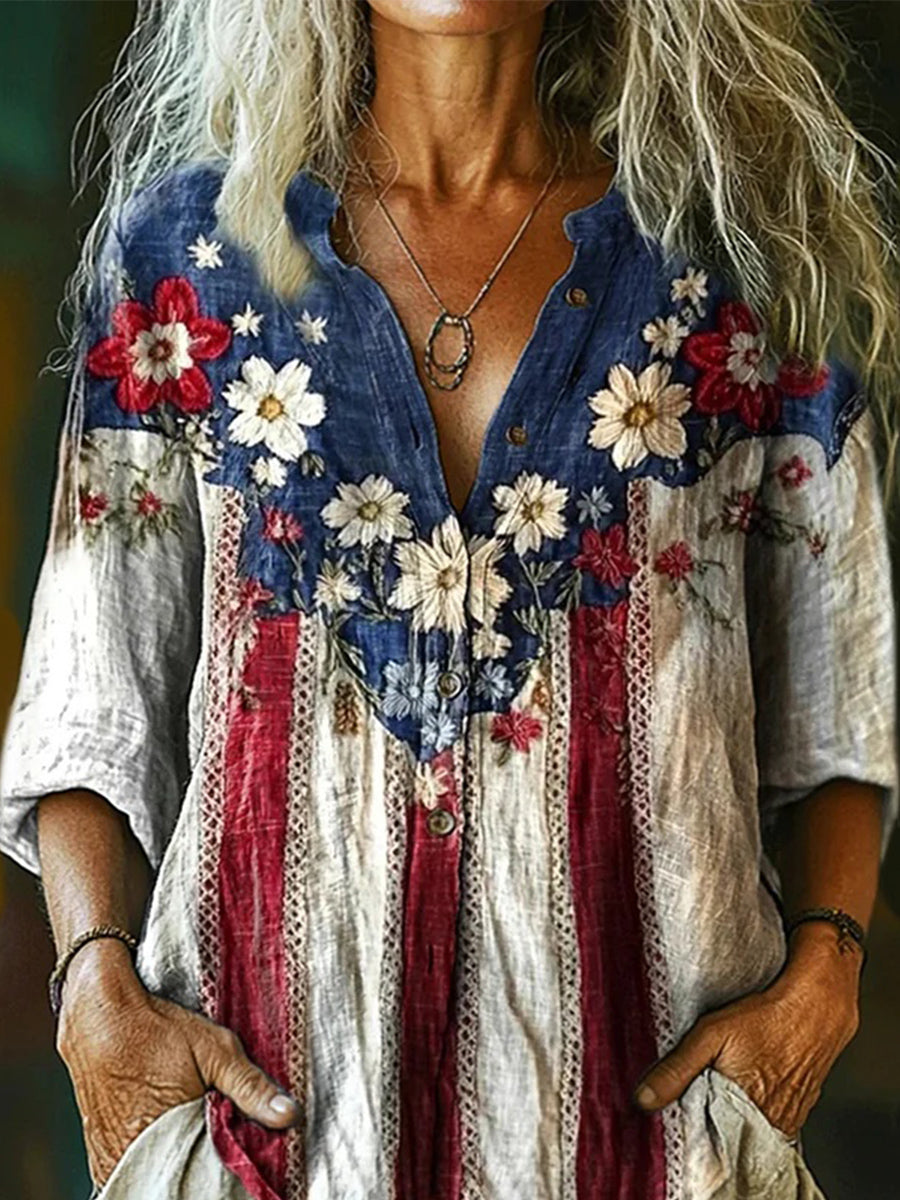 Blaues Top mit V-Ausschnitt und 3/4-Ärmeln