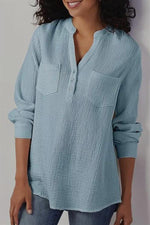 Solid Color Long Sleeve V-neck Loose Button Shirt