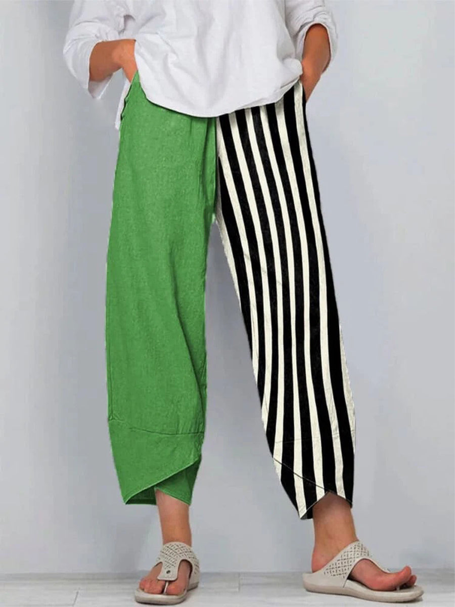 Pantalon décontracté pour femme en coton et lin à imprimé géométrique abstrait