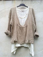 Khaki Casual Round Neck Plain Long Sleeve Blouse