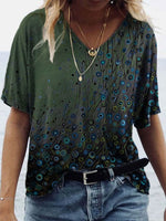 Green V-neck Loose Short Sleeve Cute Printed Blouse