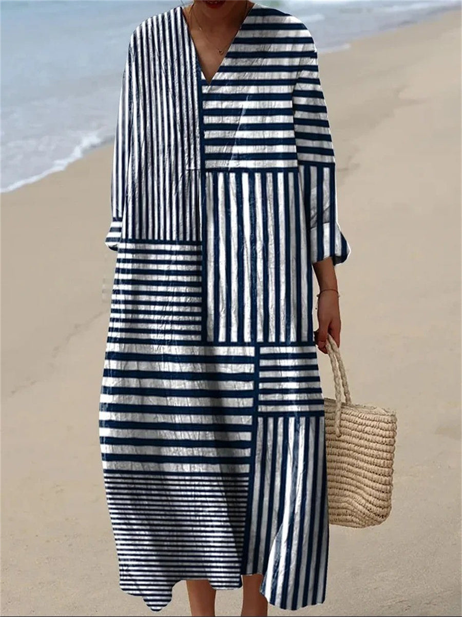 Stripe Print V-neck Long Sleeve Loose Maxi Dress