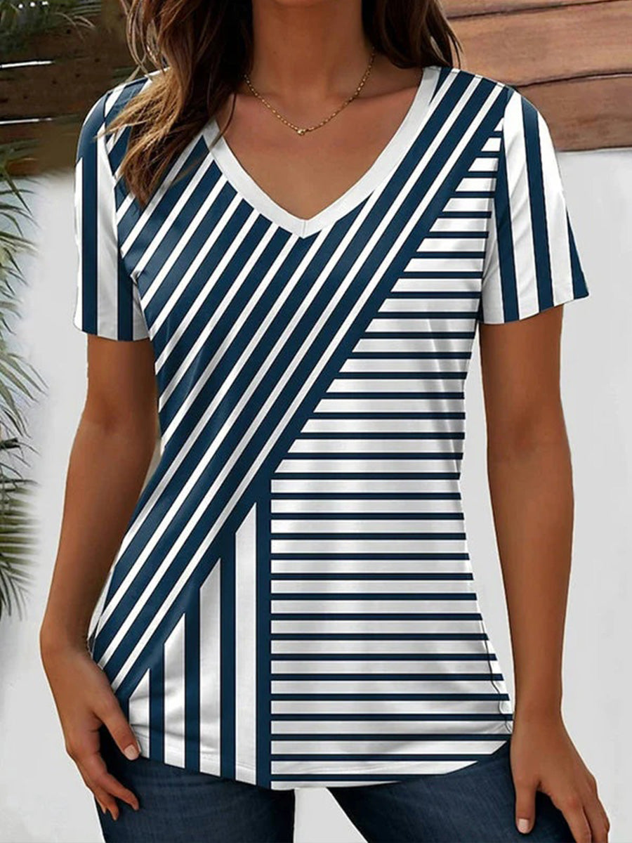 Lässiges, gestreiftes Kurzarm-T-Shirt mit V-Ausschnitt