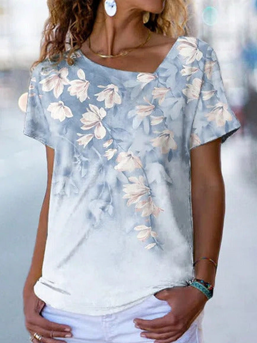 Floral Print Asymmetrical V-neck Short Sleeves T-shirt