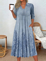 Robe midi graphique à manches longues et col rond pour femme