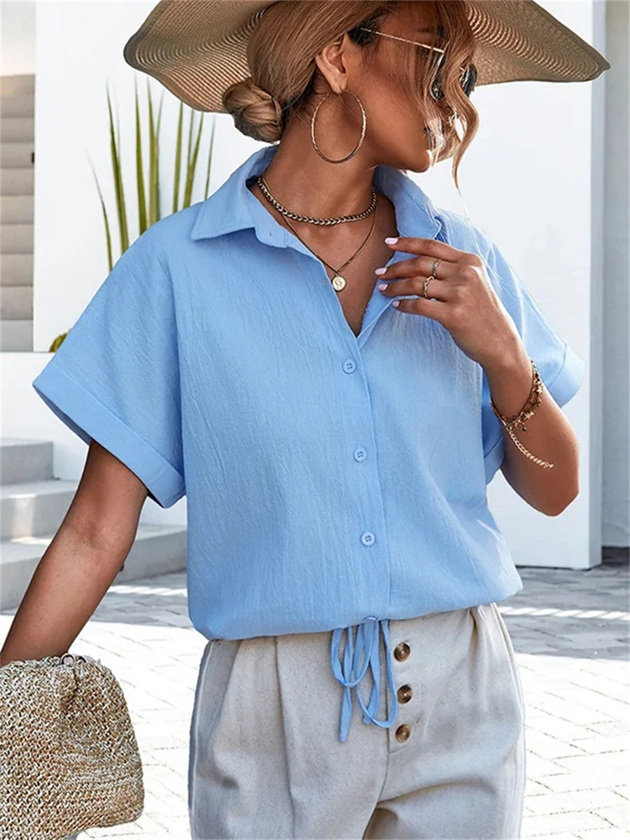 Simple Loose Short Sleeves Solid Color Lapel Collar Blouse