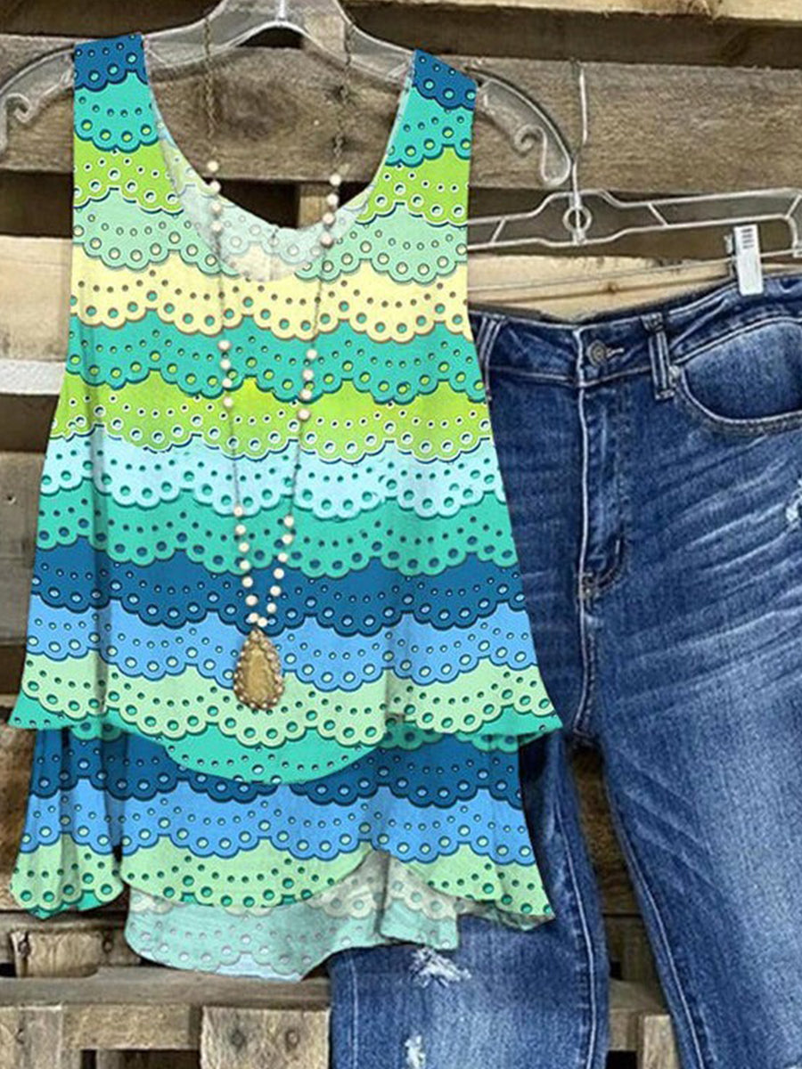 Green Wavy Ruffled V Neck Sleeveless Tank