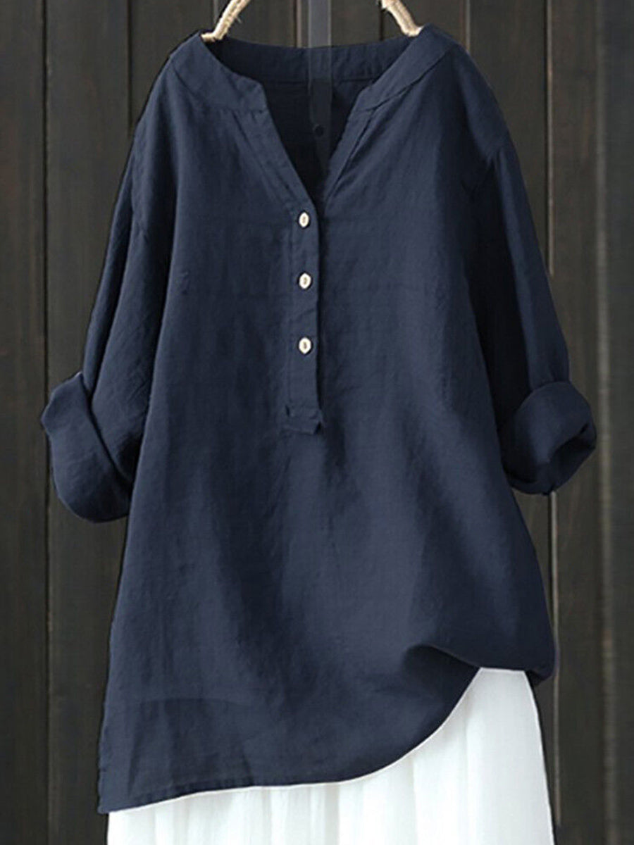 Haut à col montant, couleur unie, boutonné, manches longues