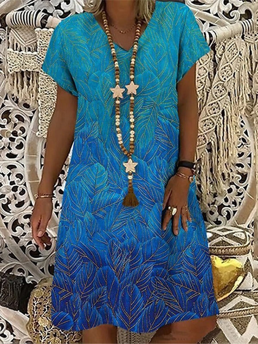 Kurzärmeliges, bedrucktes Urlaubskleid mit V-Ausschnitt