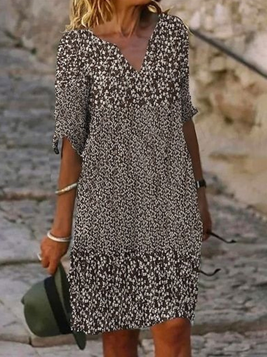 Floral Print V Neck Half Sleeve H-Line Casual Mini Dress