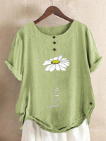 Casual Floral Print Cotton Short Sleeve Blouse