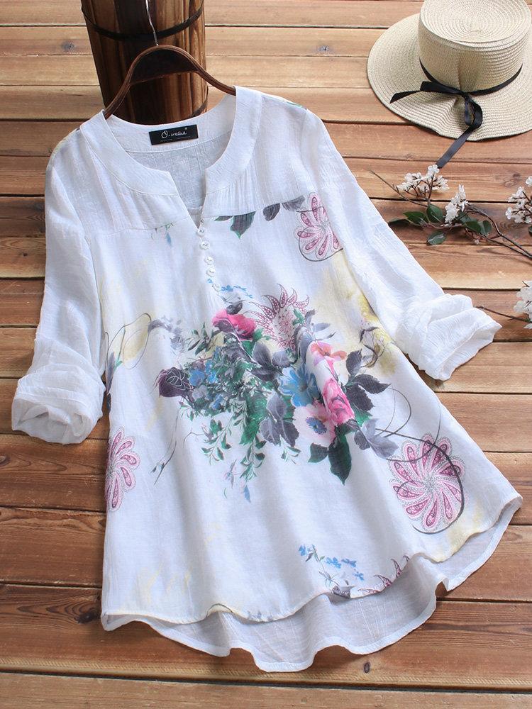 Casual V-neck Floral Print Long Sleeve Blouse