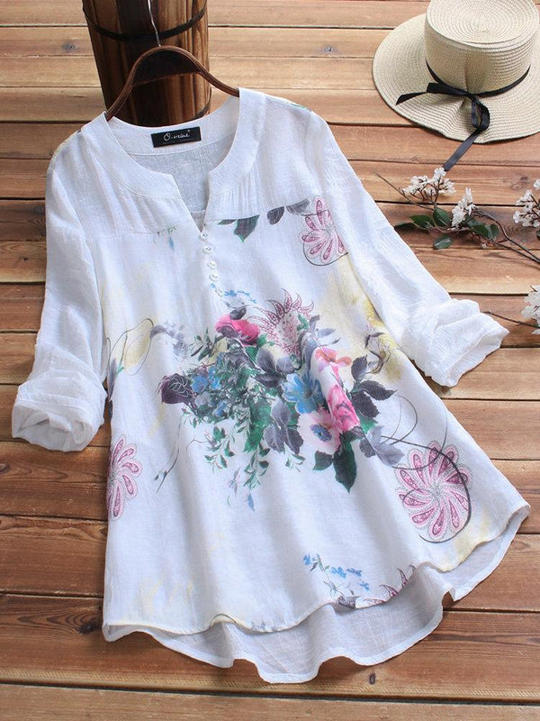 Casual V-neck Floral Print Long Sleeve Blouse