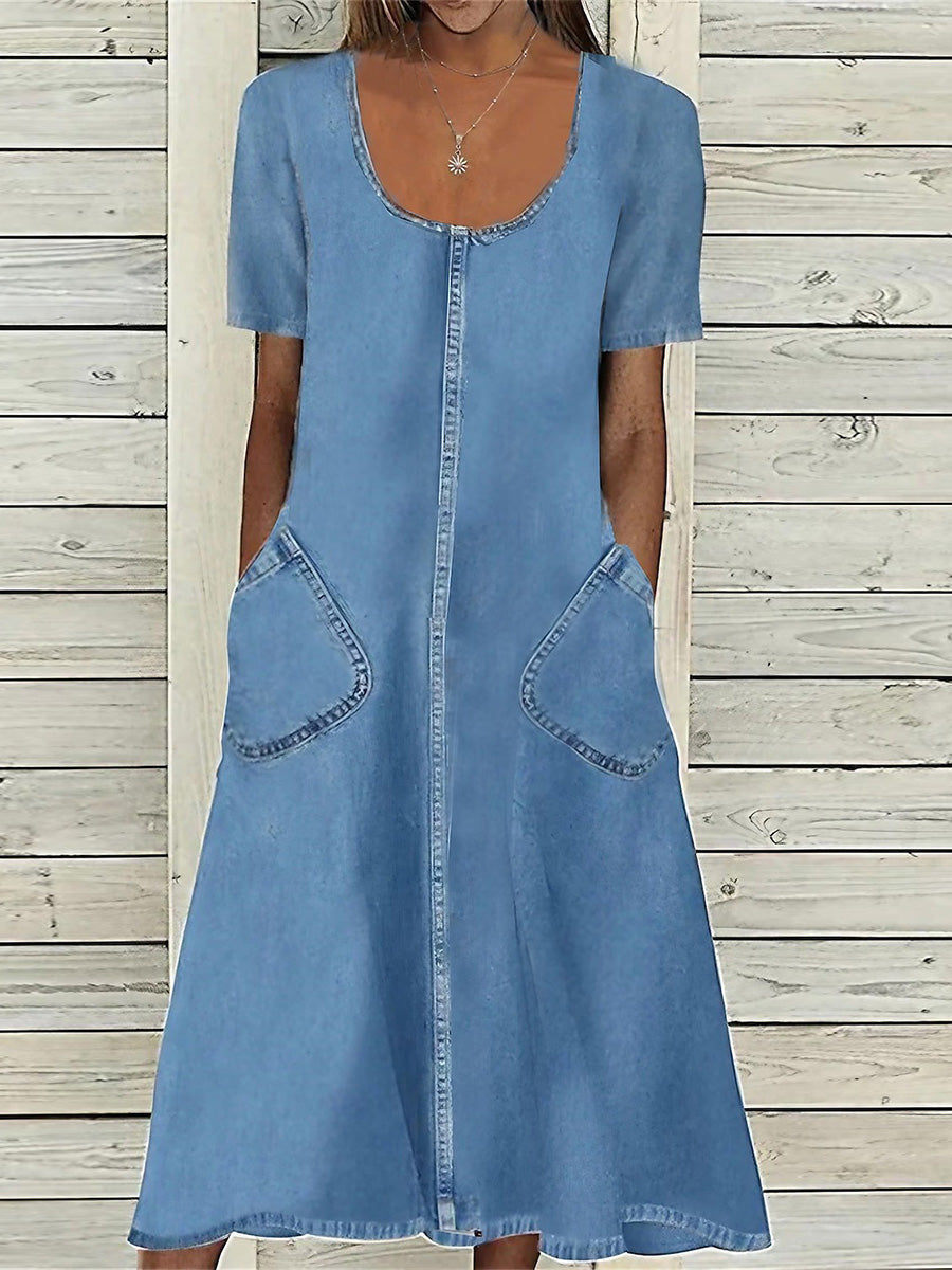 Robe midi en jean unie à col carré, manches courtes et poches