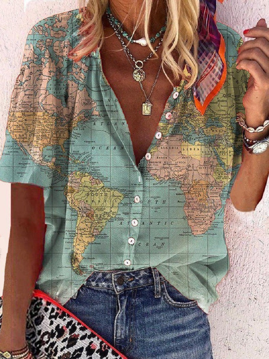 Green Casual V Neck Printed Short Sleeve Blouse