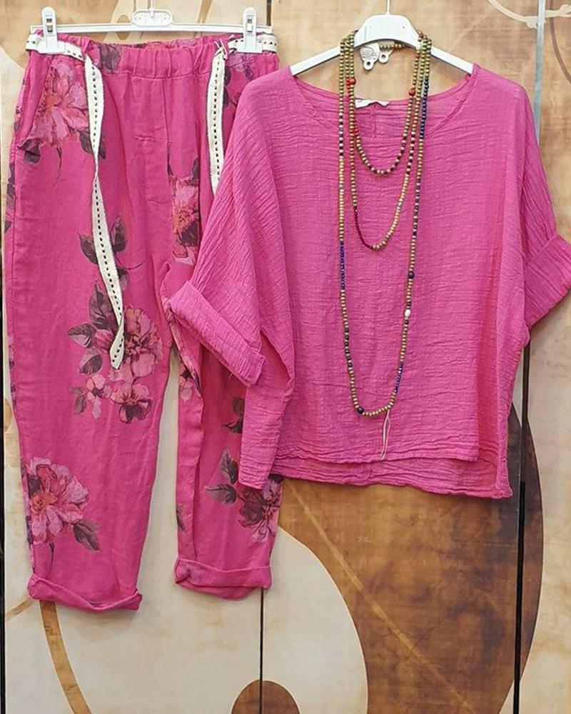 Blauer, bedruckter, bequemer, lockerer Zweiteiler mit 3/4-Ärmeln